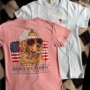 Simply Southern Women’s/Junior’s Tees - Pink and Light Blue with USA Dog Graphic